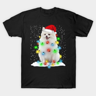 White Pomeranian Christmas Santa Hat Xmas Tree Color Lights T-Shirt